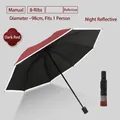 Manual 8-rib folding sun and rain umbrella in dark red with safety reflective edges - Inverted 8-Rib Manual Reinforced / Black Coating Sun Protection / Burgundy