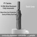 Dark grey automatic folding umbrella with 10-rib windproof structure and UV protection - P Series (10 Ribs) / Gray