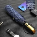 Automatic 10-rib folding sun and rain umbrella for men in Estoril Blue with gold stripes - 10-Rib Automatic / Navy Blue with Gold Stripes