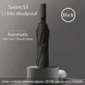 Black automatic folding sun umbrella with 107cm diameter and windproof 12 ribs design - S Series (12 Ribs) / Black