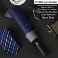 Durable automatic folding navy blue umbrella with safety reflective strip for sun and rain - 12 Ribs Enlarged Reflective / Navy Blue