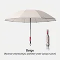 Premium beige automatic folding reverse umbrella with a large 122cm coverage diameter - Reflective Umbrella Series / 10-Rib Fully Automatic Extra Large Reverse Style (Mechanical Safety) / Beige