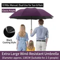 130cm Extra large purple windproof folding umbrella with sun protection black coating - Manual 10-Rib Extra Large Style / Purple