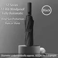 Automatic 12-rib windproof folding umbrella with black UV coating, 107cm diameter. - 12-Rib Fully Automatic / Black