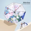 Hand-painted white rose pattern compact five-fold umbrella with matching storage bag - Double Layer Pattern / Mini 8 Ribs / White Rose (With Tote)