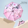 Elegant pink peony floral 5-fold sun umbrella with double layer protection and pouch - Double Layer Pattern / Mini 8 Ribs / Pink Peony (With Tote)