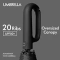 Black automatic folding umbrella with a carabiner hook handle and 20-rib structure - Ring Handle Reverse Black Coating Style / 20 Ribs Extra Large Size / Starry Black