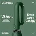 Large forest green automatic folding umbrella with carabiner hook handle and UPF 50+ - Ring Handle Reverse Black Coating Style / 20 Ribs Extra Large Size / Forest Green