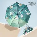 Five-fold sun umbrella with hand-painted wild roses floral pattern and matching bag - Double Layer Pattern / Mini 8 Ribs / Wild Roses (With Tote)