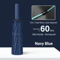 Ombrello pieghevole automatico blu navy con rinforzo a 12 costole resistente al vento - Serie Gancio Automatica (Taglia Grande) / 60 Stecche (12x5) / Blu navy