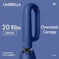 Automatic navy blue folding umbrella with hook handle and 20 sturdy ribs for UV protection - Ring Handle Reverse Black Coating Style / 20 Ribs Extra Large Size / Deep Sea Blue