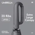 Automatic folding sun and rain umbrella with 20 ribs and a grey carabiner hook handle. - Ring Handle Reverse Black Coating Style / 20 Ribs Extra Large Size / Mist Grey
