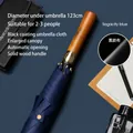 Premium navy blue long-handle automatic umbrella with elegant solid wood handle for men. - Wood Handle-Vinyl-Navy Blue