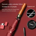 Large automatic long-handle umbrella in fragrant red with premium solid wood handle - Wood Handle-Vinyl-Wine Red