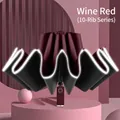 Large automatic folding umbrella with 10-rib structure in wine red and black design - Large 10-Rib Reflective Reverse Automatic / Burgundy