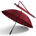 Large 24-rib windproof long-handle umbrella in elegant burgundy red with shoulder sleeve. - Large 24-Rib (2-3 People) / Burgundy