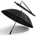 Large 24-rib windproof long-handle black umbrella with portable shoulder strap carry bag - Large 24-Rib (2-3 People) / Black