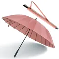 Pink 24-rib windproof long-handle straight umbrella with matching shoulder strap sleeve. - Large 24-Rib (2-3 People) / Dusty Pink