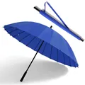 Sturdy large 24-rib windproof long-handle blue umbrella with matching carry sleeve - Large 24-Rib (2-3 People) / Sapphire Blue