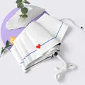 White foldable sun and rain umbrella with minimalist red heart and blue line pattern - Double Heart Beige (Small Curve Hook)