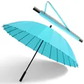 Professional windproof 24-rib large long handle umbrella in light blue with carry sleeve - Large 24-Rib (2-3 People) / Lake Blue