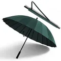 Dark green 24-rib windproof long handle umbrella with a matching portable carrying sleeve. - Large 24-Rib (2-3 People) / Dark Green
