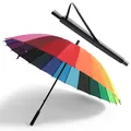 Sturdy large 24-rib rainbow colored long-handle windproof umbrella with black shoulder strap sleeve - Large 24-Rib (2-3 People) / Rainbow