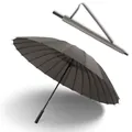 Durable windproof 24-rib long handle umbrella in dark grey with matching shoulder strap sleeve - Large 24-Rib (2-3 People) / Dark Gray