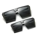 Trendy black flat top square sunglasses set for matching parent and child outfits - Matte Black Frame Black Grey Lens (C10)