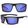 Occhiali da sole sportivi polarizzati con montatura nera opaca e lenti specchiate blu. - Montatura Nera Lenti a Specchio Blu