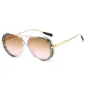 High-end retro double-bridge sunglasses for women with pink gradient lenses and gold temples - Pink Grey Frame Brown Pink Lens