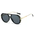 Elegant vintage double-bridge sunglasses featuring a black frame and gold metal temples - Black Frame Black Grey Lens