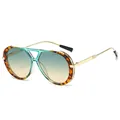 Retro leopard print sunglasses with gradient green lenses and gold double bridge metal temples - Green Tortoise Green Tea Lens