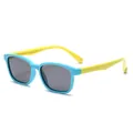 Robuste Retro Polarisierte Kindersonnenbrille mit Blauem Rahmen und Gelben Silikonbügeln - Blauer Rahmen Graue Gläser
