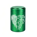 Detalle de urna para mascotas verde de aluminio con ala de ángel y grabado conmemorativo - 70x45mm / Urna Verde (454)