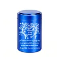 Close-up detail of a blue aluminum pet memorial urn with Forever in My Heart engraving - 70x45mm / Blue
