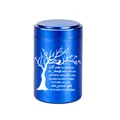 Detailansicht der blauen Aluminium-Urne mit graviertem Lebensbaum und Gedenkgedicht. - 70x45mm / Blau