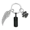 Cremation urn keychain for pet ashes with stainless steel wing and paw pendants - Cylinder with Paw and Wing Ring / Black