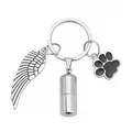 Stainless steel pet memorial urn keychain with silver wing and paw print charms - Cylinder with Paw and Wing Ring / Silver