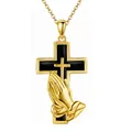 Gold-plated stainless steel memorial cross pendant necklace with praying hands motif - Gold Cross