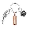 Stainless steel pet memorial keychain urn with wing and paw charms, rose gold finish. - Cylinder with Paw and Wing Ring / Gold