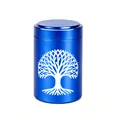 Detailed view of blue aluminum mini urn with white Tree of Life design - 70x45mm / Blue