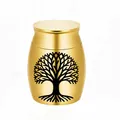 Small golden aluminum pet cremation urn featuring a black Tree of Life pattern design - Tree of Life Pattern (21562) / 30x40mm / Gold