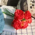 Realistic red artificial peony bouquet with five heads for home and wedding decor - Red