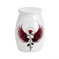 Close-up view of a white aluminum memorial urn featuring a red rose with wings design - Small (30x40mm) / White
