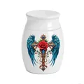 Detail view of white ceramic cremation urn featuring angel wings and red rose cross design - White Style (30x40mm) / S