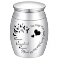 Piccola urna cineraria per animali con citazione incisa su finitura in lega di alluminio - Motivo Uccello e Cuore / 30x40mm / Argento
