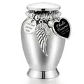 Detailed view of silver pet cremation urn featuring angel wing and heart photo frame charm - Mini Heart Photo Frame Style / 70x45mm (Frame 2.1cm) / Silver