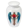 Elegant white memorial cremation urn with golden cross red rose and blue wings - White Style (65x45mm) / L