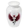 White aluminum cremation urn featuring elegant rose and red wings for pet or human ashes. - Large Size (65x45mm) / White